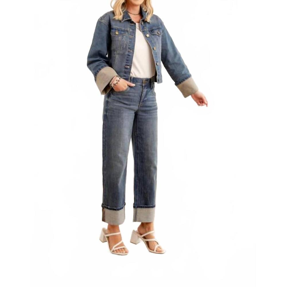NEW MAC & ME cropped denim jacket with buttons in mid blue artisanal